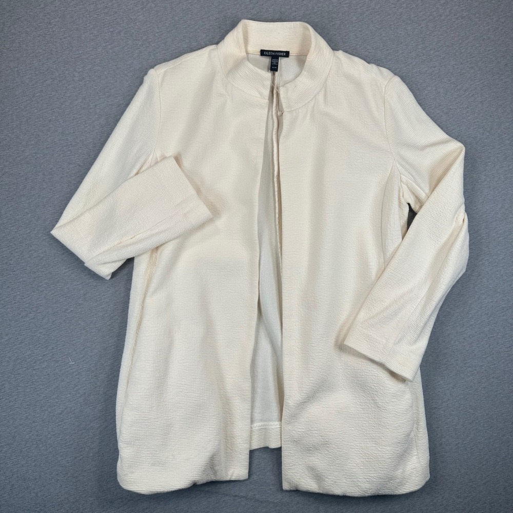 Eileen Fisher Cardigan Womens XS Cream Textured Cotton Stand Collar Open Front - Picture 1 of 10
